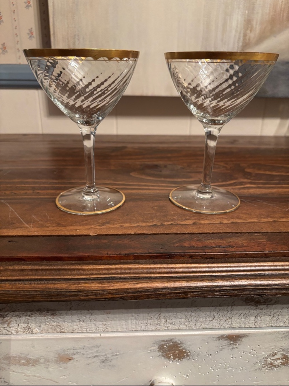 2 Vintage Coupe Glasses W/Gold Band At Top, Smaller Band Below And Around Base
